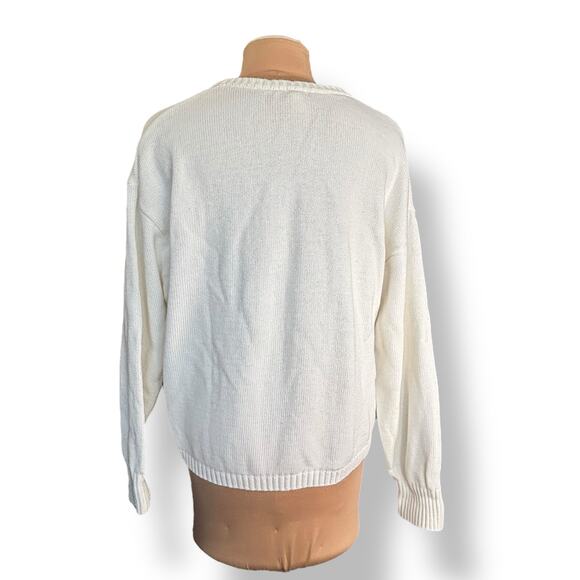 Tiny White Knit Sweater Yellow Sunburst Flower Embroidery Crewneck Pullover - Picture 3 of 8